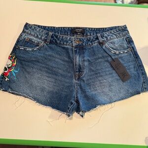 Ed Hardy Shorts Womens 30 Flame Skull Denim Cut Off Large Logo Western Biker ❤️